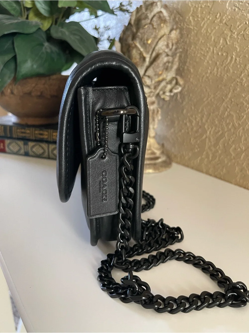Coach Black Leather Crossbody Bag with Chain Strap